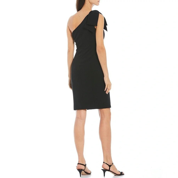 NWT Marina Asymmetric Neck One Bow Shoulder Sleeveless Stretch Crepe Dress - Picture 2 of 10